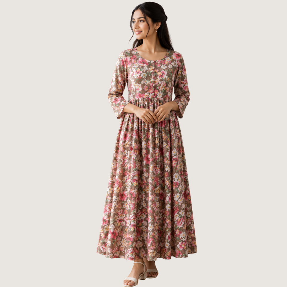 VANDAMI : Women’s Brown Floral Printed Anarkali Maxi Dress