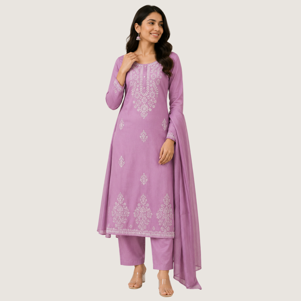 FASHION STYLE :Women’s Lavender Embroidered Kurta Set with Dupatta