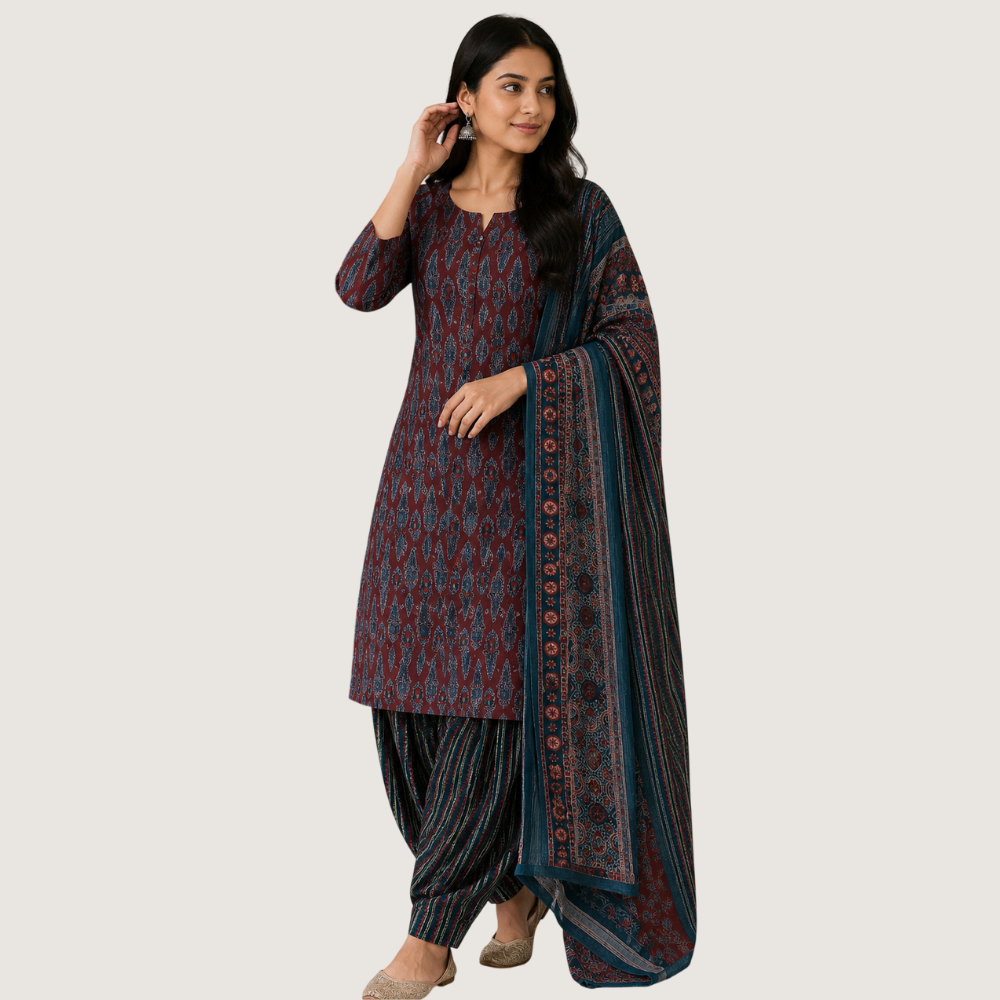 STARLINK : Elegant Maroon & Teal Printed Punjabi Suit Set with Patiala Pants & Dupatta