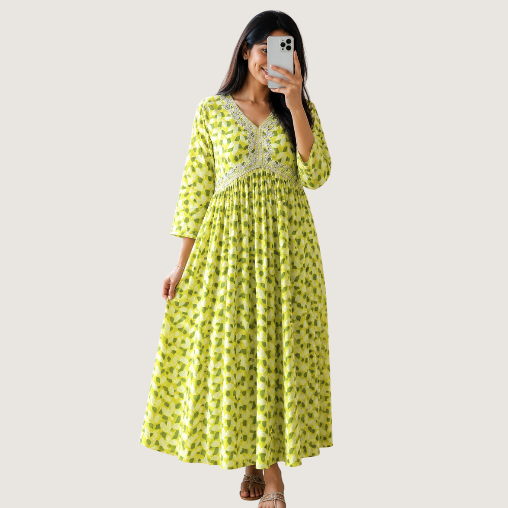 LIVA : Women’s Lime Green Printed Anarkali Dress with Embroidered V-Neckline