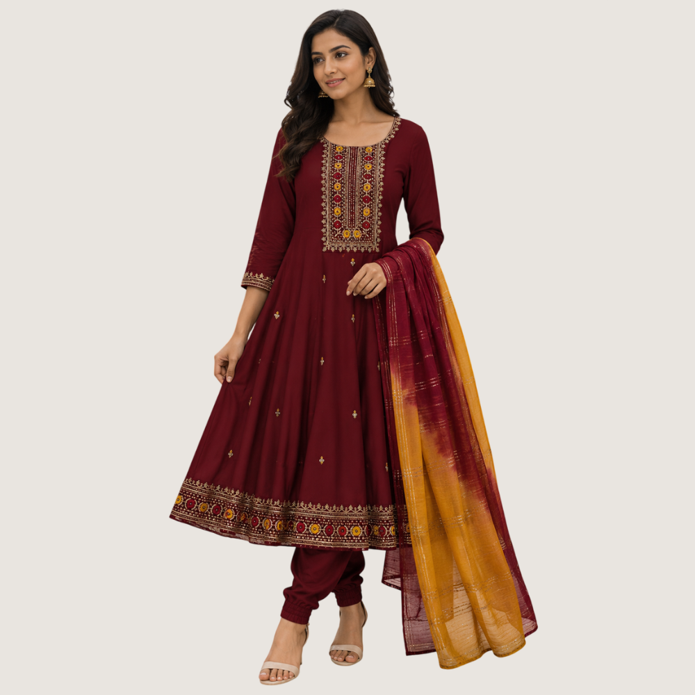 BREATHE FASHION :Women’s Maroon Umbrella Cut Embroidered Kurti Set with Mustard Dupatta
