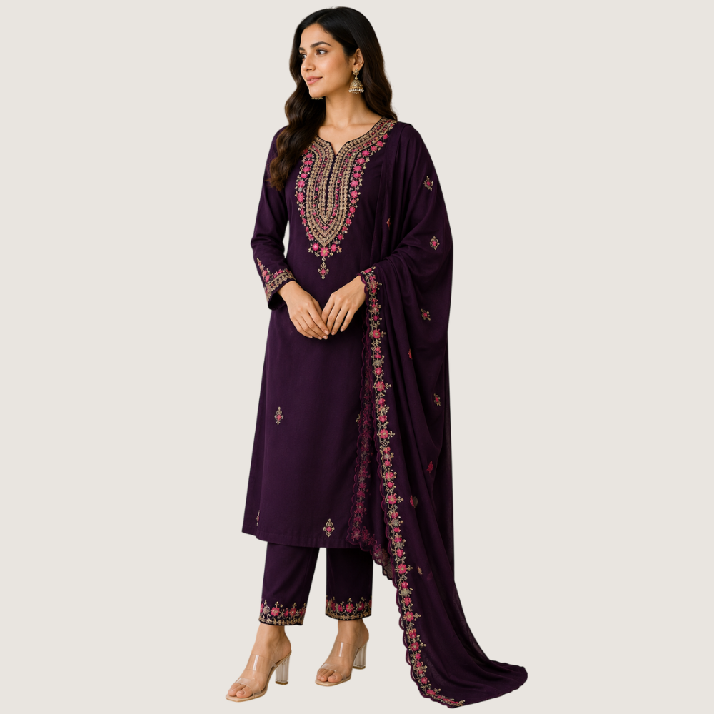 MARCIA : Women’s Deep Plum Embroidered Straight Kurta Set with Dupatta