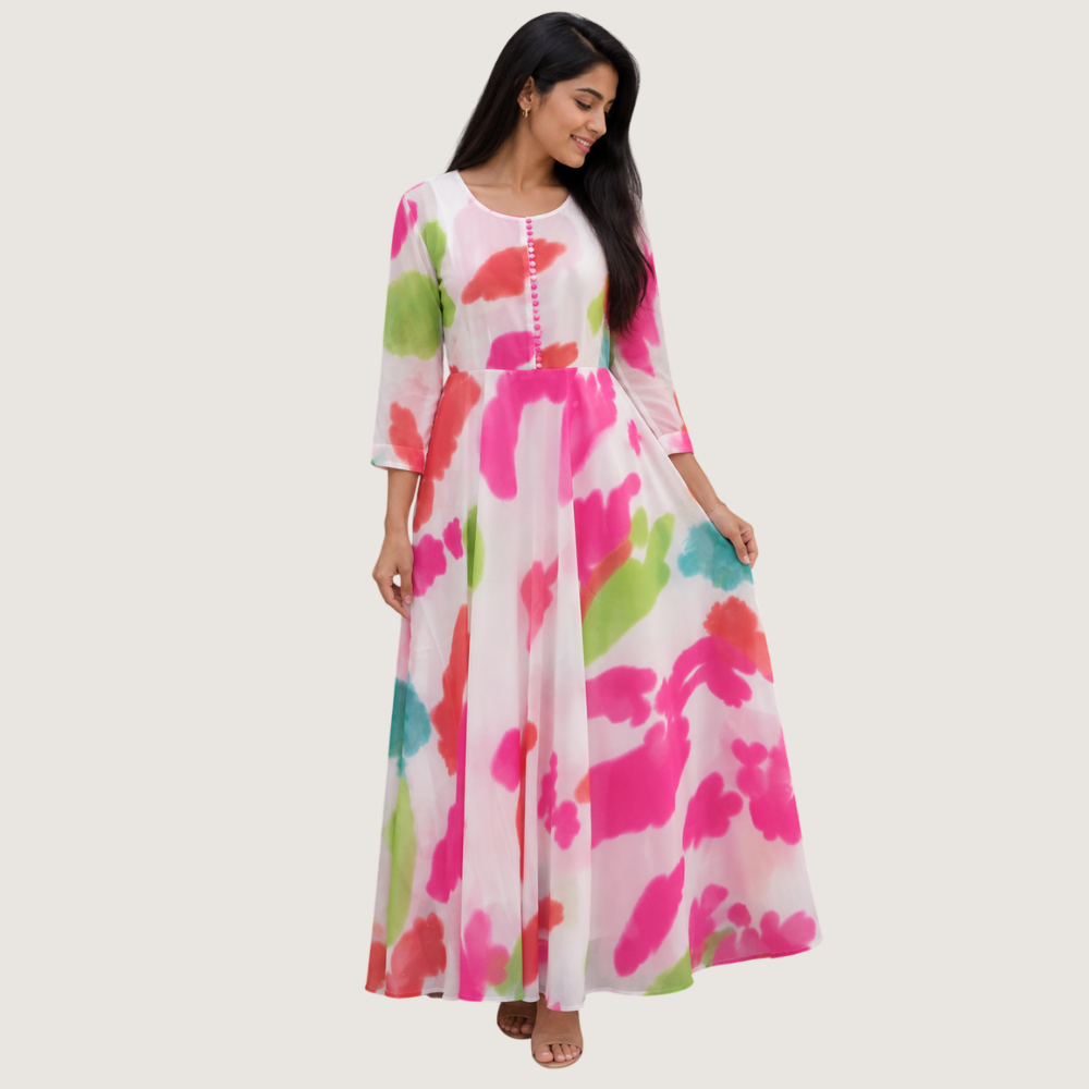 VANDAMI : Women’s Multicolor Floral Printed Anarkali Maxi Dress