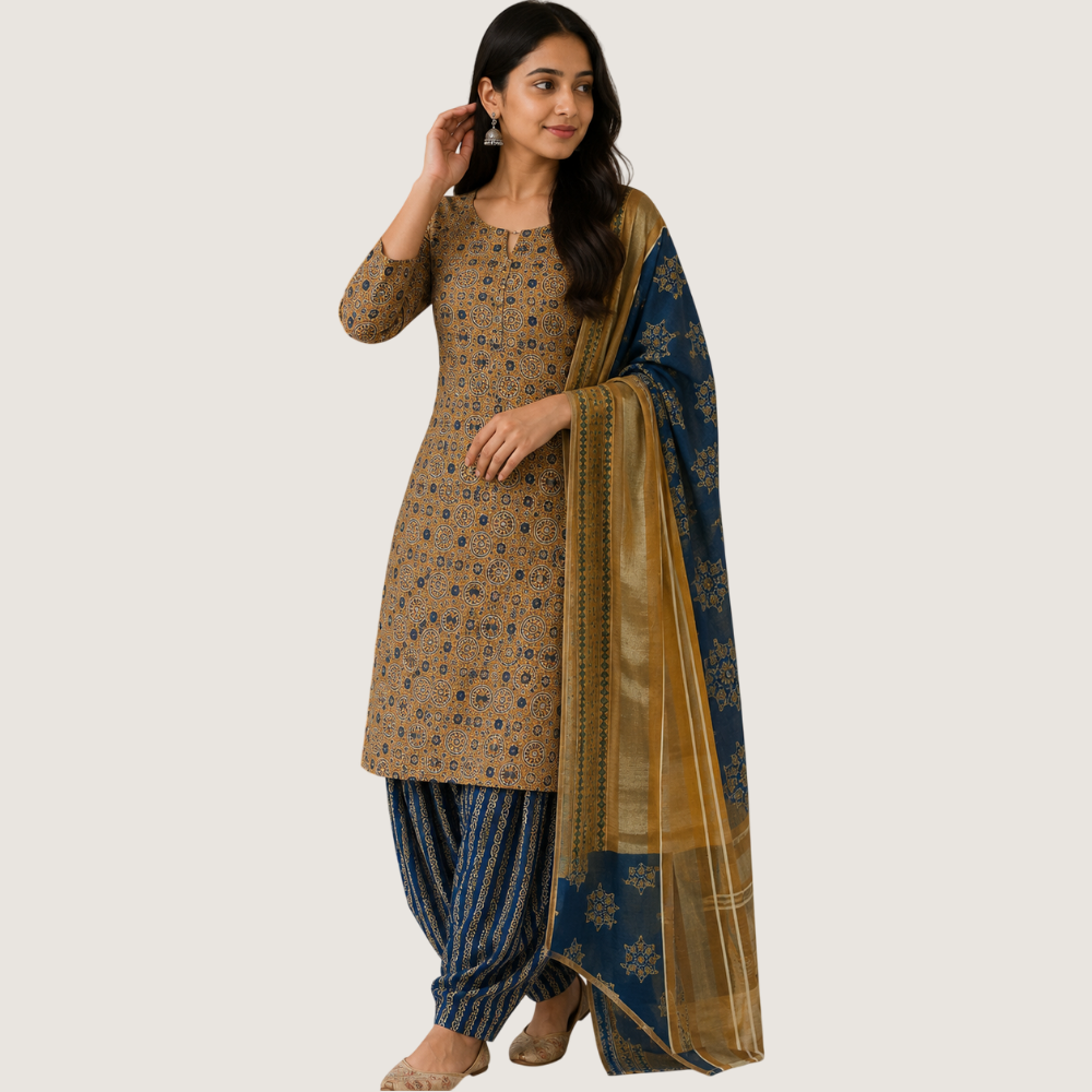 STARLINK : Mustard Yellow & Navy Blue Printed Punjabi Suit Set with Patiala Pants & Dupatta