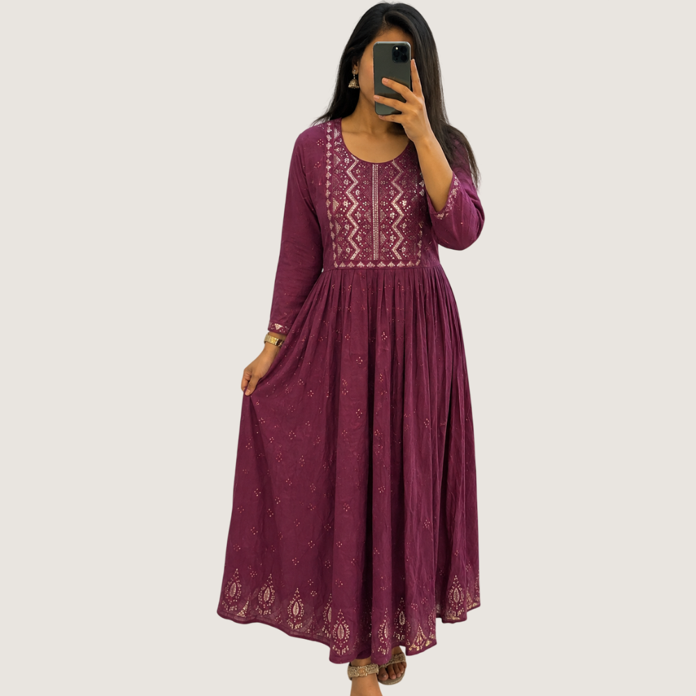 VANDAMI : Women’s Maroon Embroidered Flared Maxi Dress
