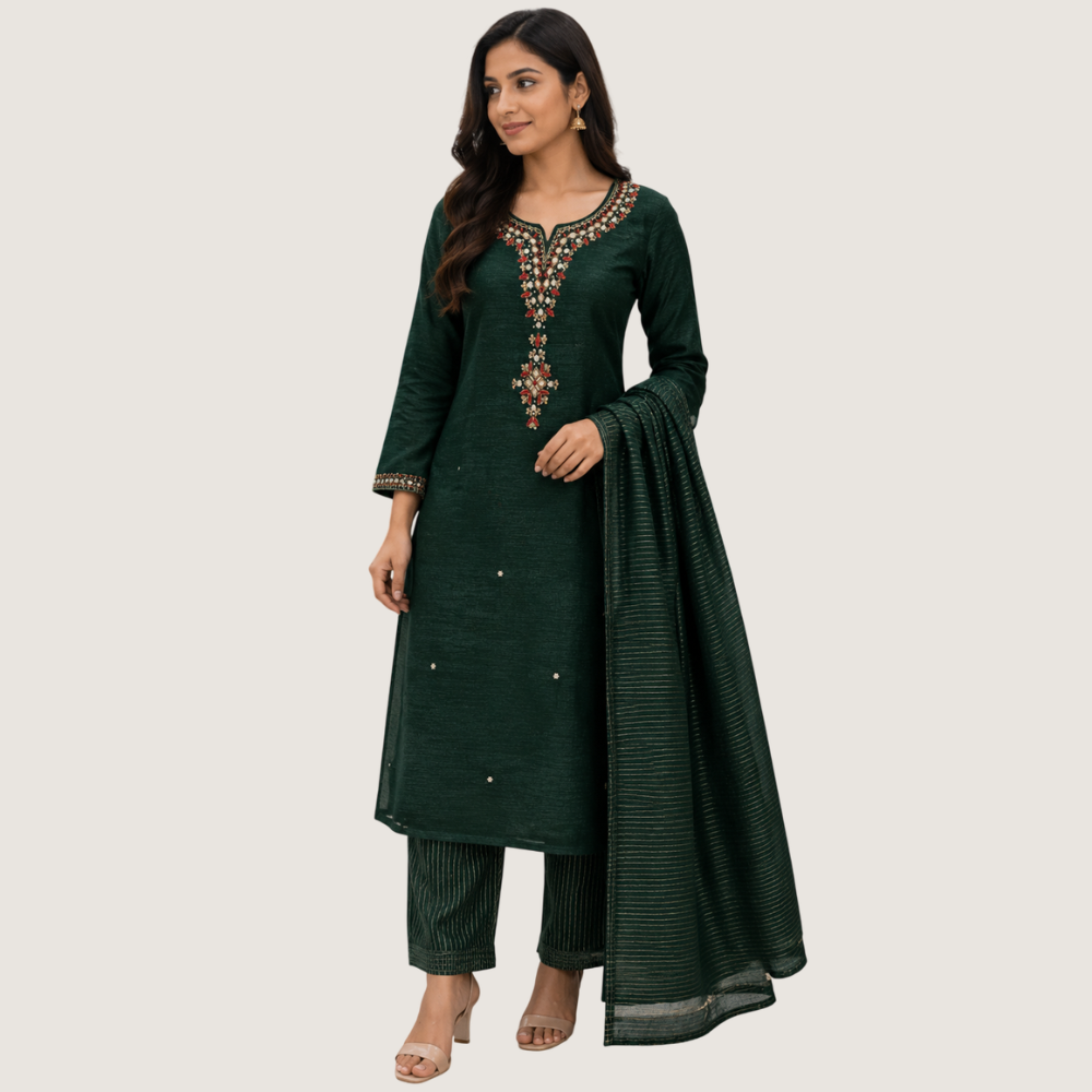 BREATHE FASHION : Elegant Dark Green Embroidered Straight Kurta Pant Set with Dupatta