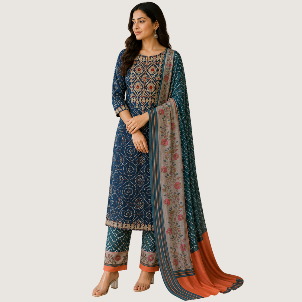 MARCIA : Women’s Teal Blue Printed & Embroidered Straight Kurta Set with Floral Dupatta