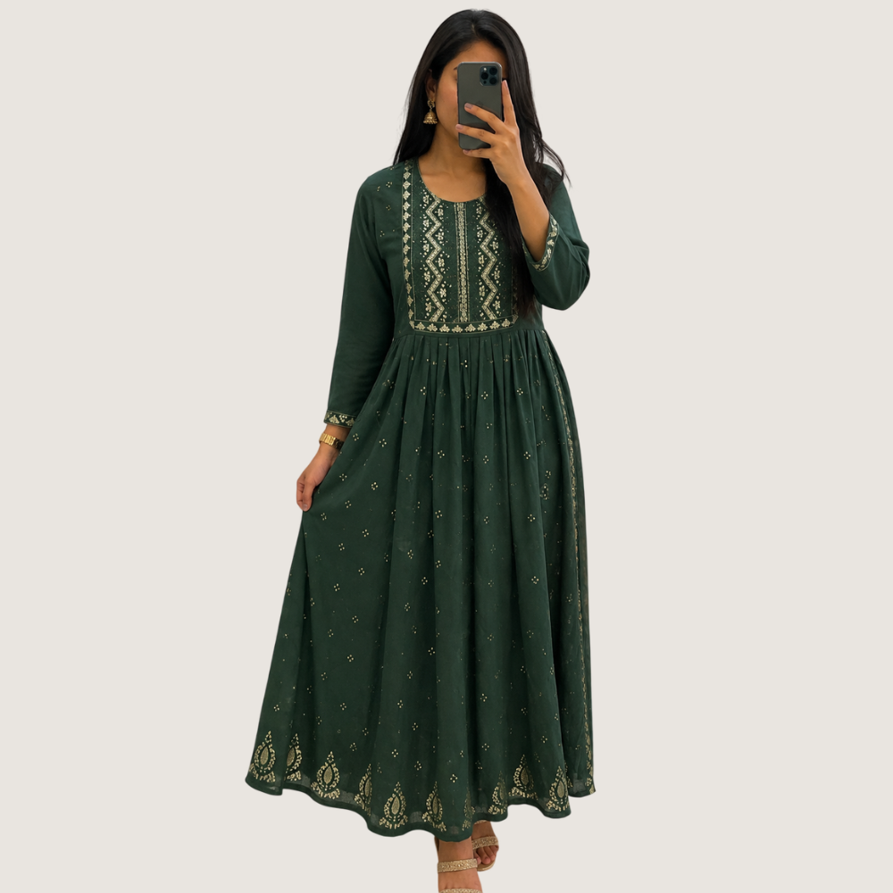 BREATHE FASHION : Women’s Bottle Green Embroidered Flared Maxi Dress