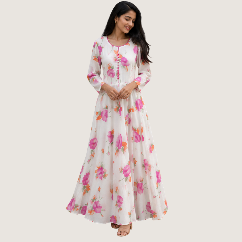VANDAMI : Women’s White Floral Printed Anarkali Maxi Dress