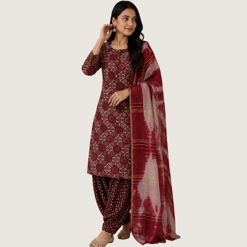 MARCIA : Maroon Printed Cotton Salwar Suit Set with Dupatta