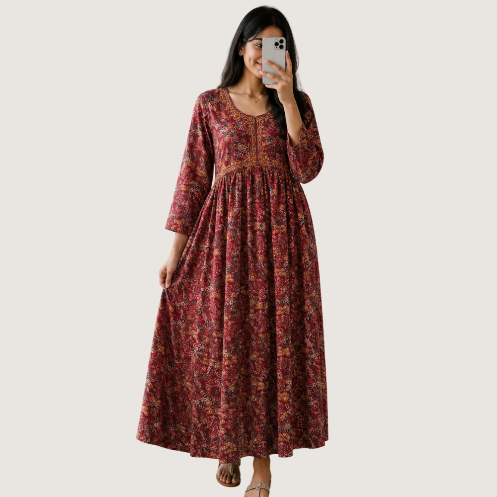 LIVA : Women’s Maroon Printed Anarkali Dress with Embroidered Neckline