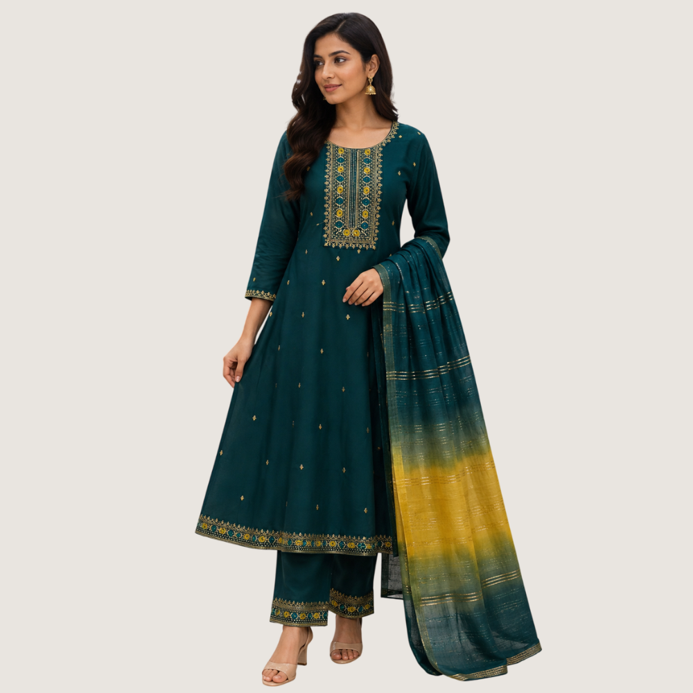 A DITI SHREE :Teal Blue Embroidered Anarkali Kurta Set with Ombre Dupatta