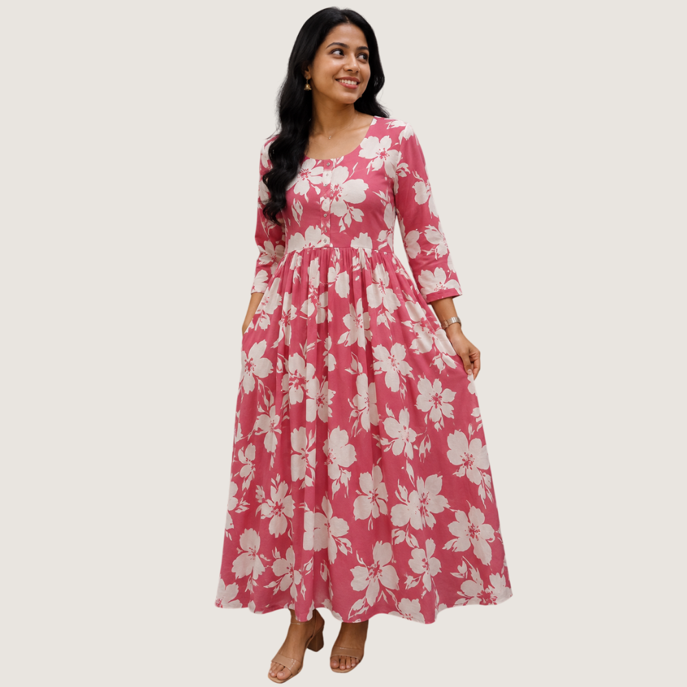 LIVA : Women’s Pink Floral Printed Ankle-Length Flared Dress