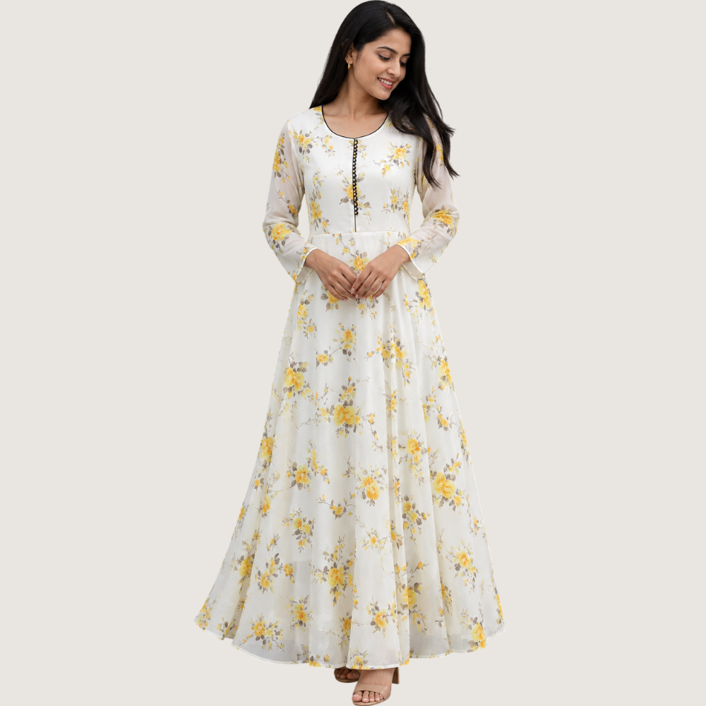VANDAMI : Elegant Yellow Floral Printed Anarkali Maxi Dress