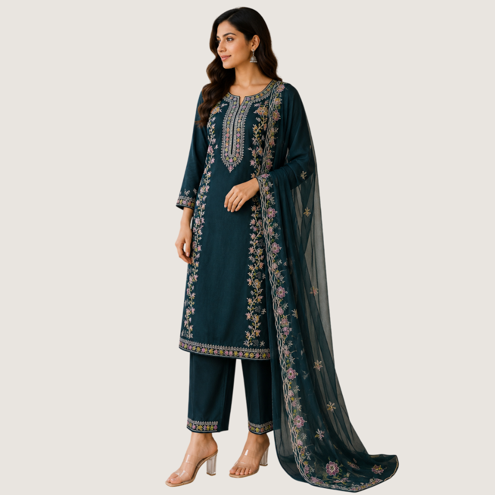 MARCIA : Teal Blue Embroidered Kurta Pant Set with Floral Dupatta