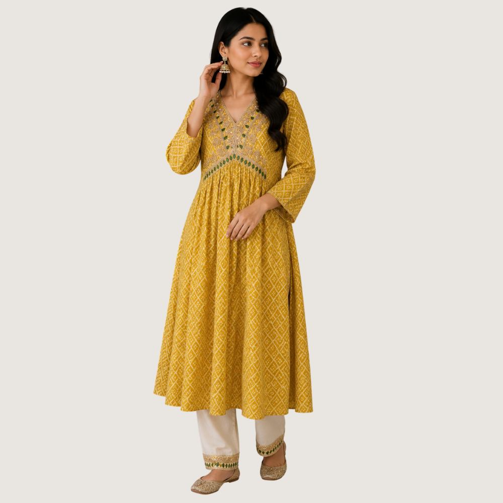 NIRVI : Mustard Yellow Printed Anarkali Kurta with Cream Bottom