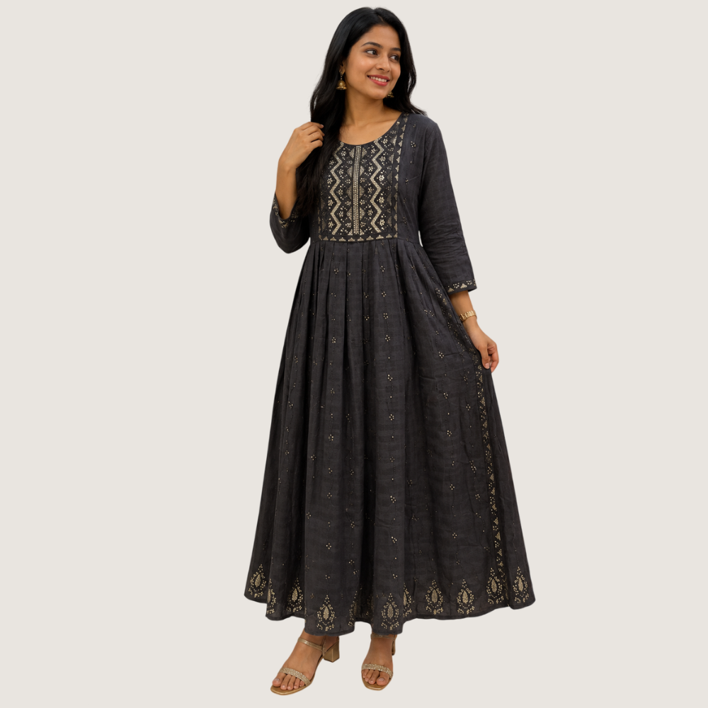LIVA : Women’s Black Embroidered Flared Maxi Dress