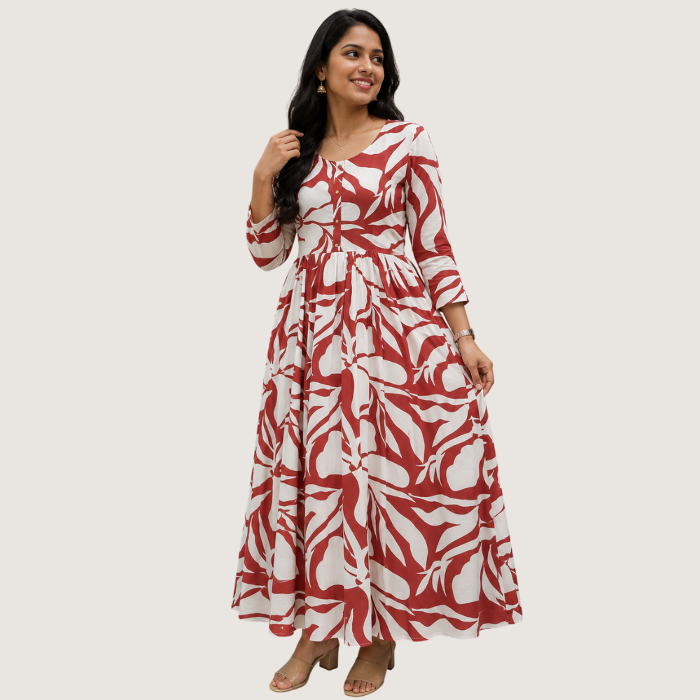LIVA : Women’s Red & White Abstract Printed Flared Maxi Dress