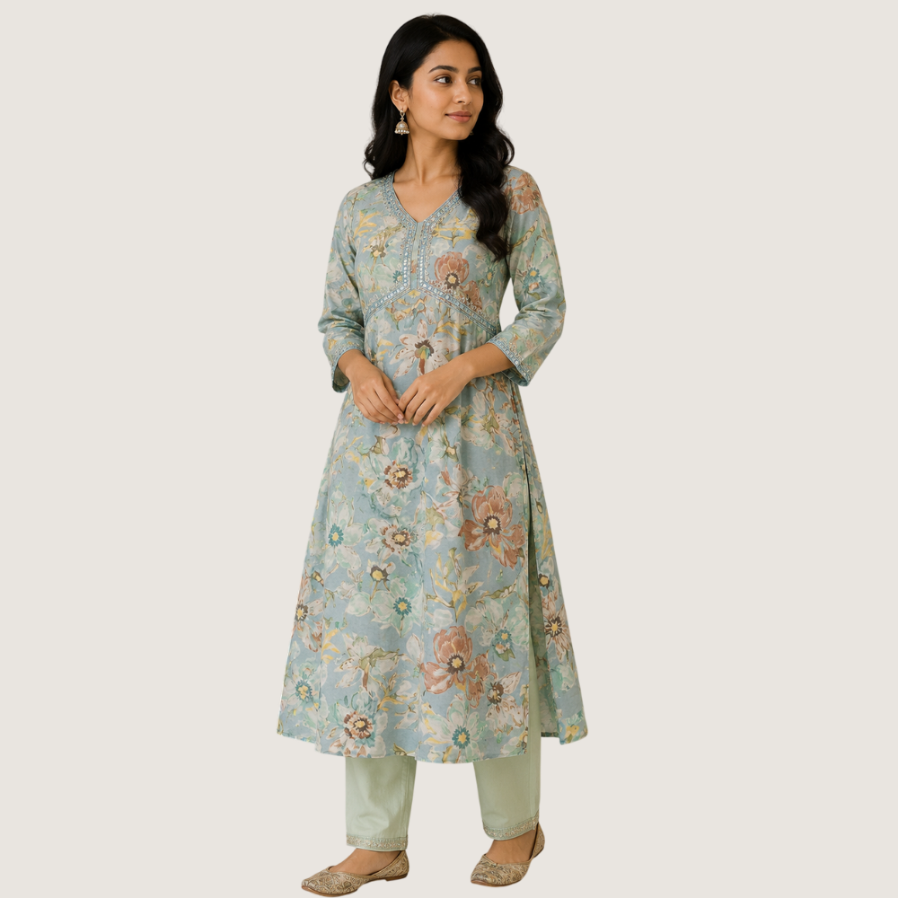 ENGLISH LADY : Women’s Floral Printed A-Line Kurta Set with Embroidered V-Neck