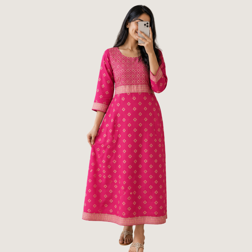 VIDARSHA : Pink Geometric Printed Anarkali Kurti