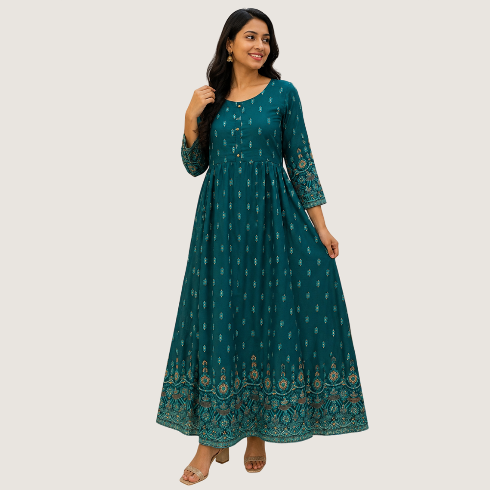 VANDAMI : Women’s Teal Blue Printed Flared Maxi Dress