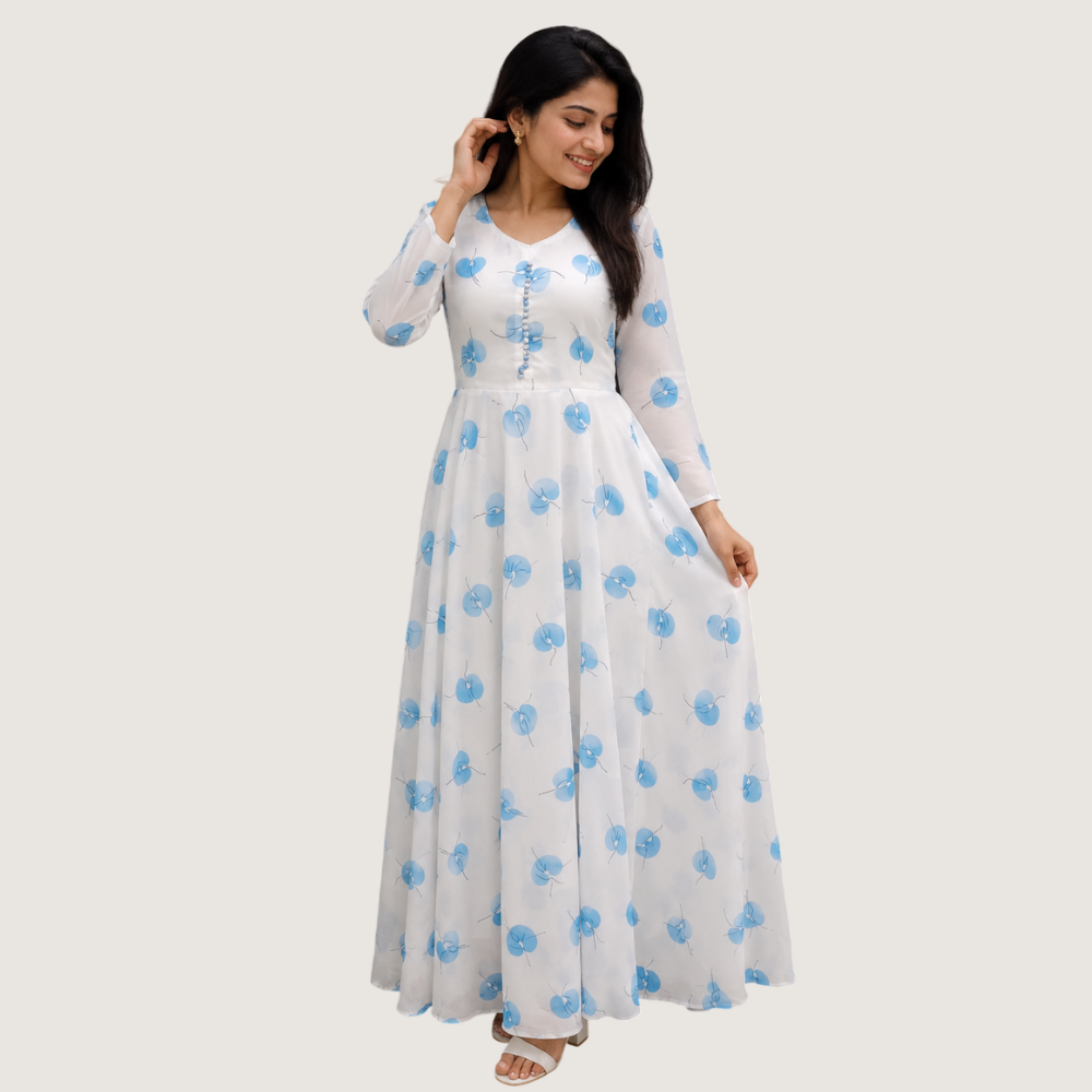 VANDAMI : Elegant Blue Floral Printed Anarkali Maxi Dress