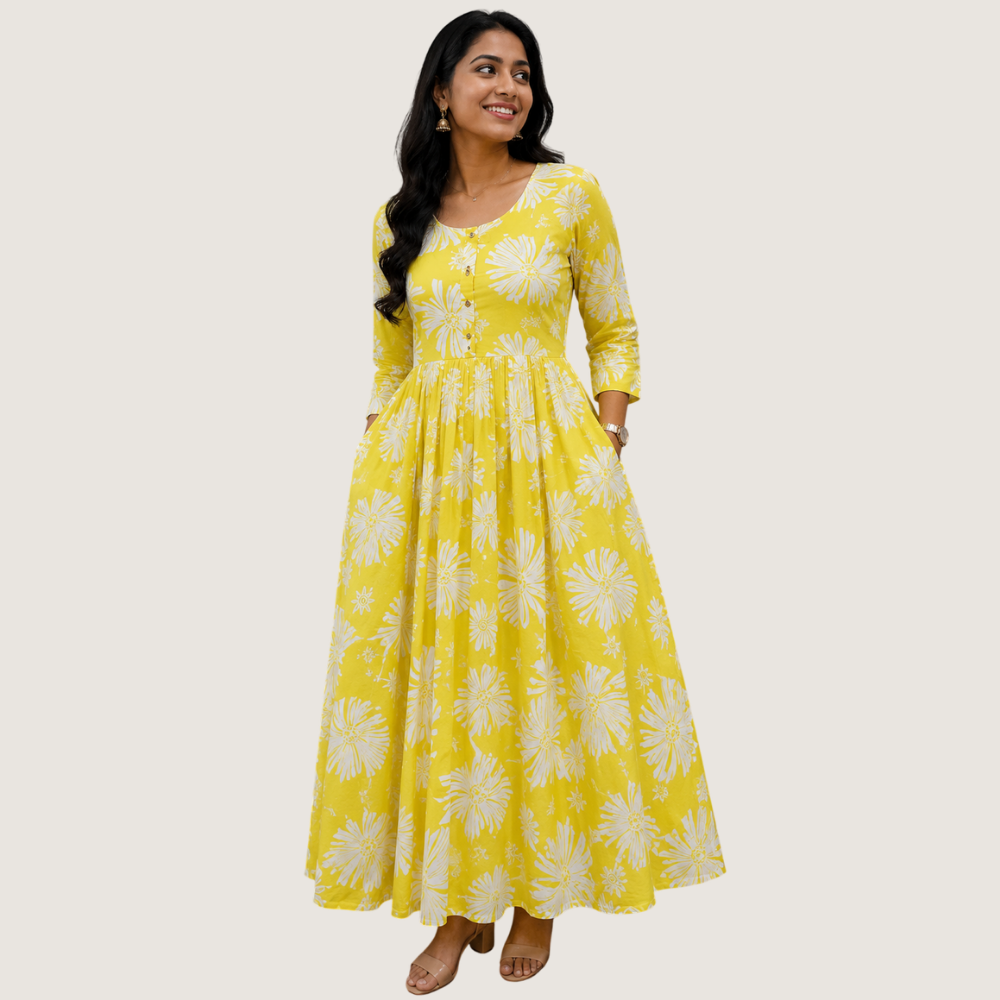 VANDAMI : Women’s Yellow Floral Printed Flared Maxi Dress