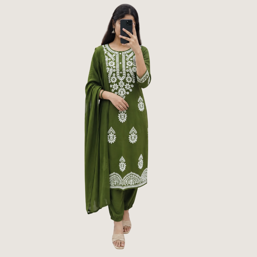 MARCIA : Olive Green Embroidered Kurta Pant Set with Dupatta