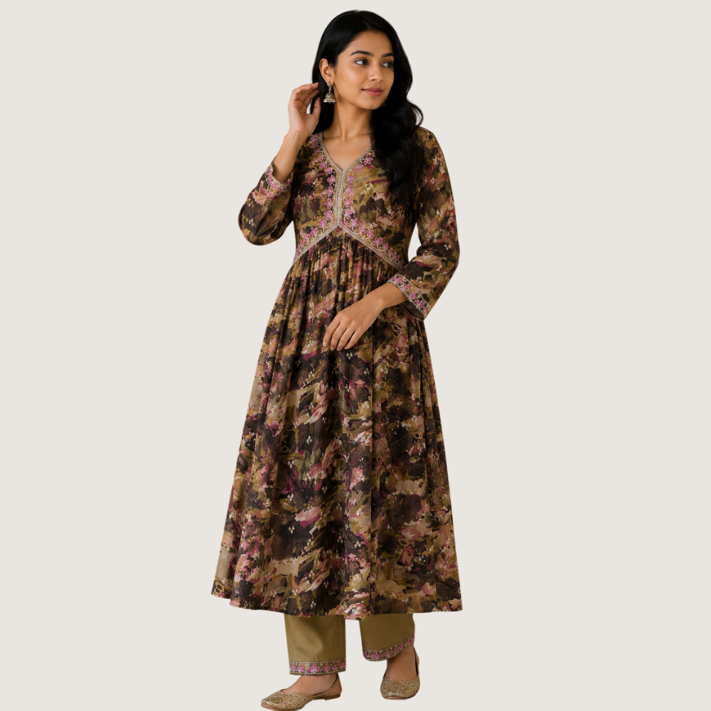 BREATHE FASHION : Women’s Floral Printed Anarkali Kurta Set with Embroidered Neckline & Pant