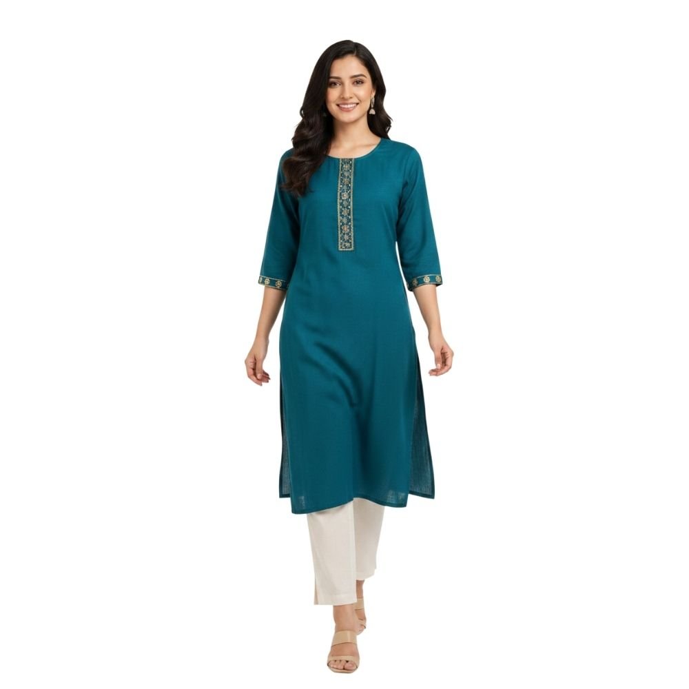 YAVONNE : Teal Blue Embroidered Straight Kurti with 3/4 Sleeves