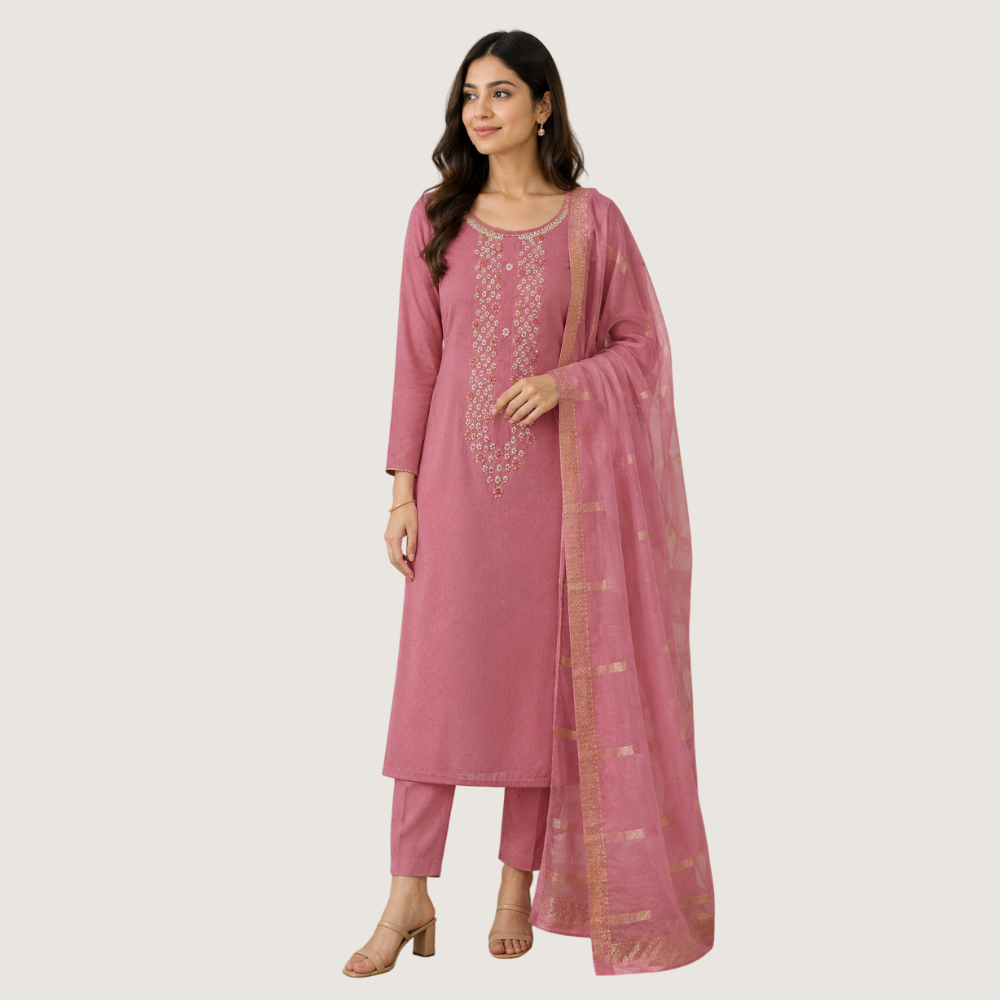 ENGLISH LADY : Rose Pink Embroidered Kurta Set with Dupatta
