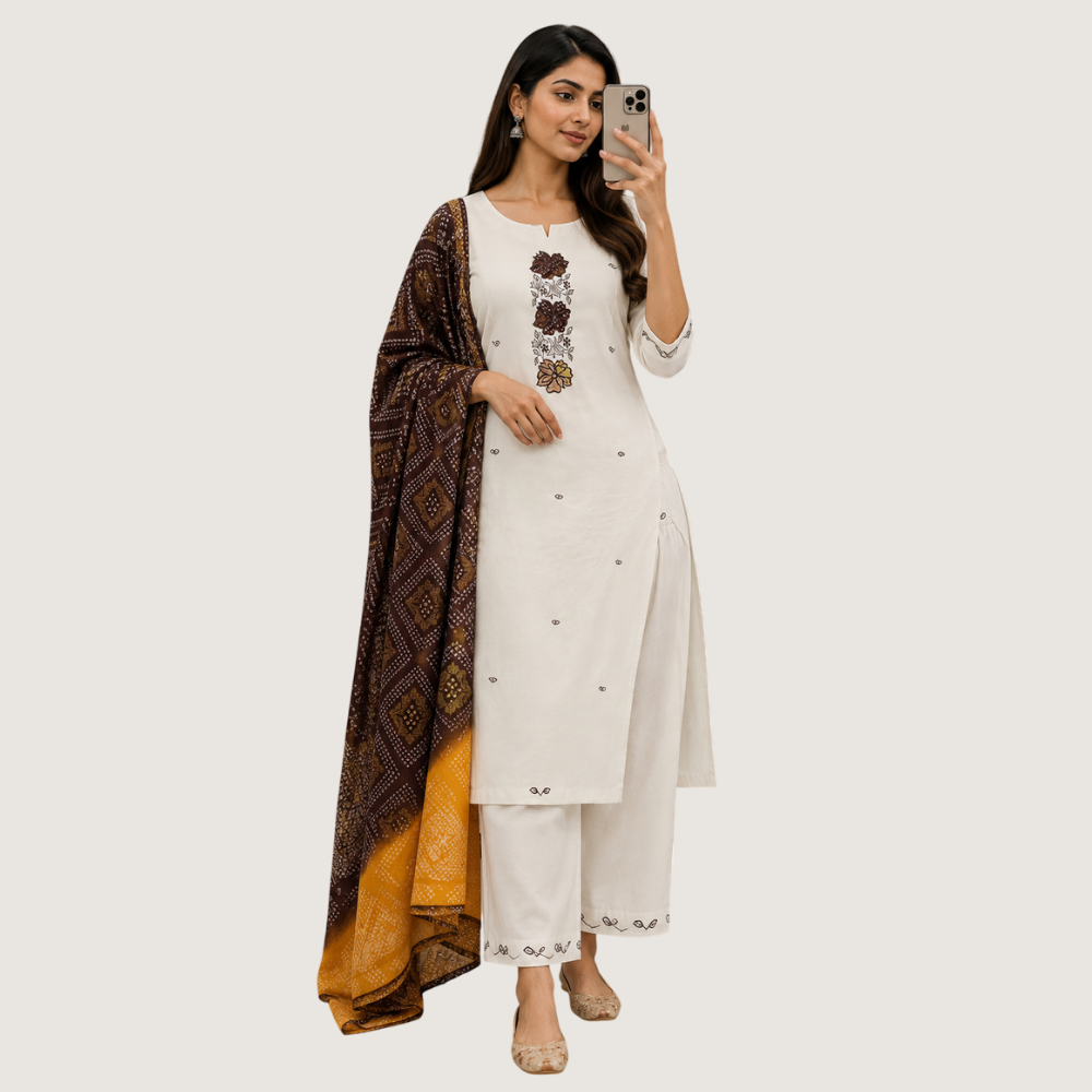 MARCIA  : Off-White Embroidered Kurta Pant Set with Printed Dupatta