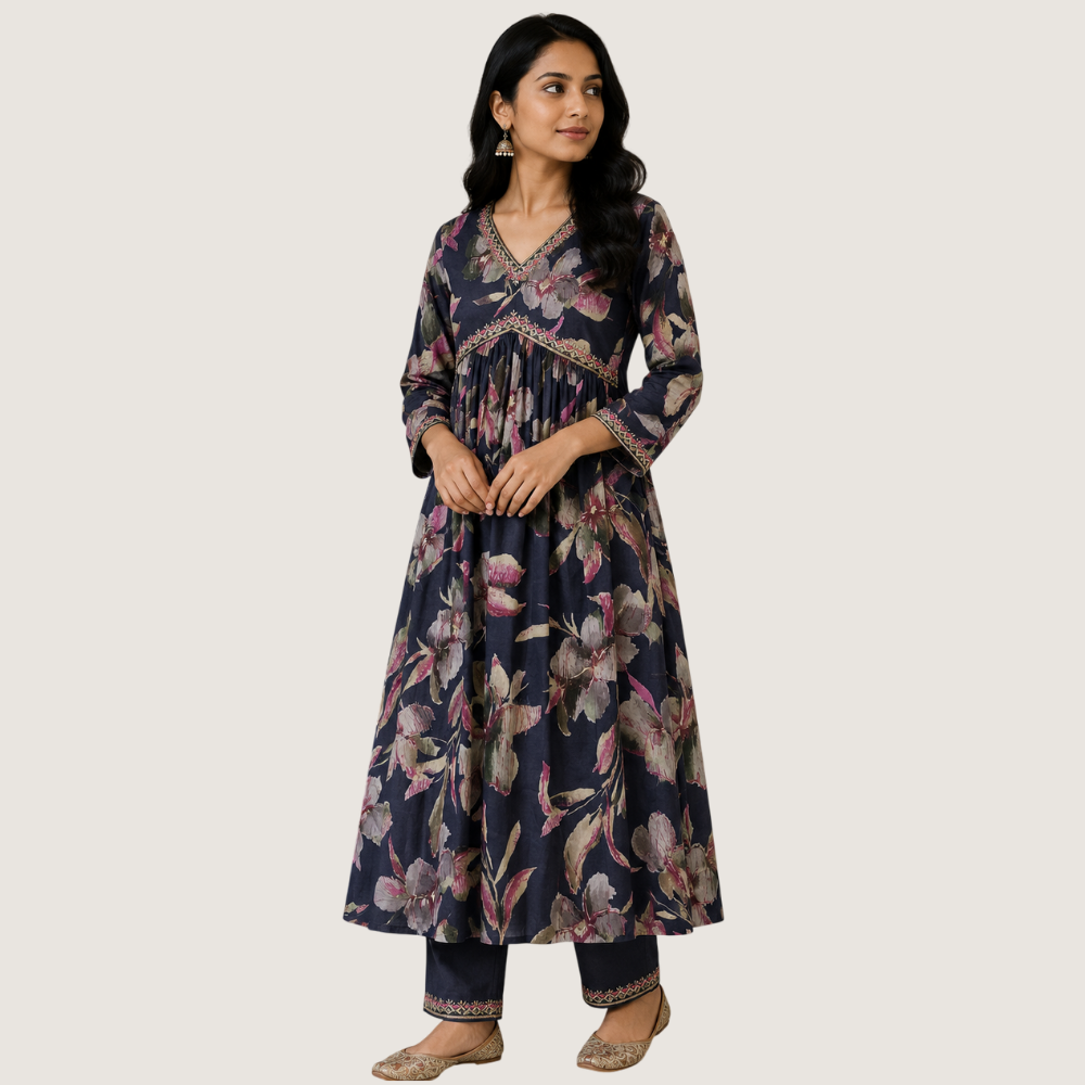 MARCIA : Women’s Floral Printed Anarkali Kurta Set with Embroidered Neckline & Pant