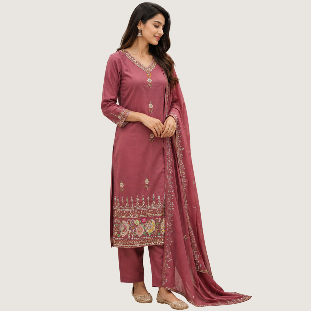 FABNESIA : Dusty Rose Embroidered Kurta Pant Set with Printed Dupatta