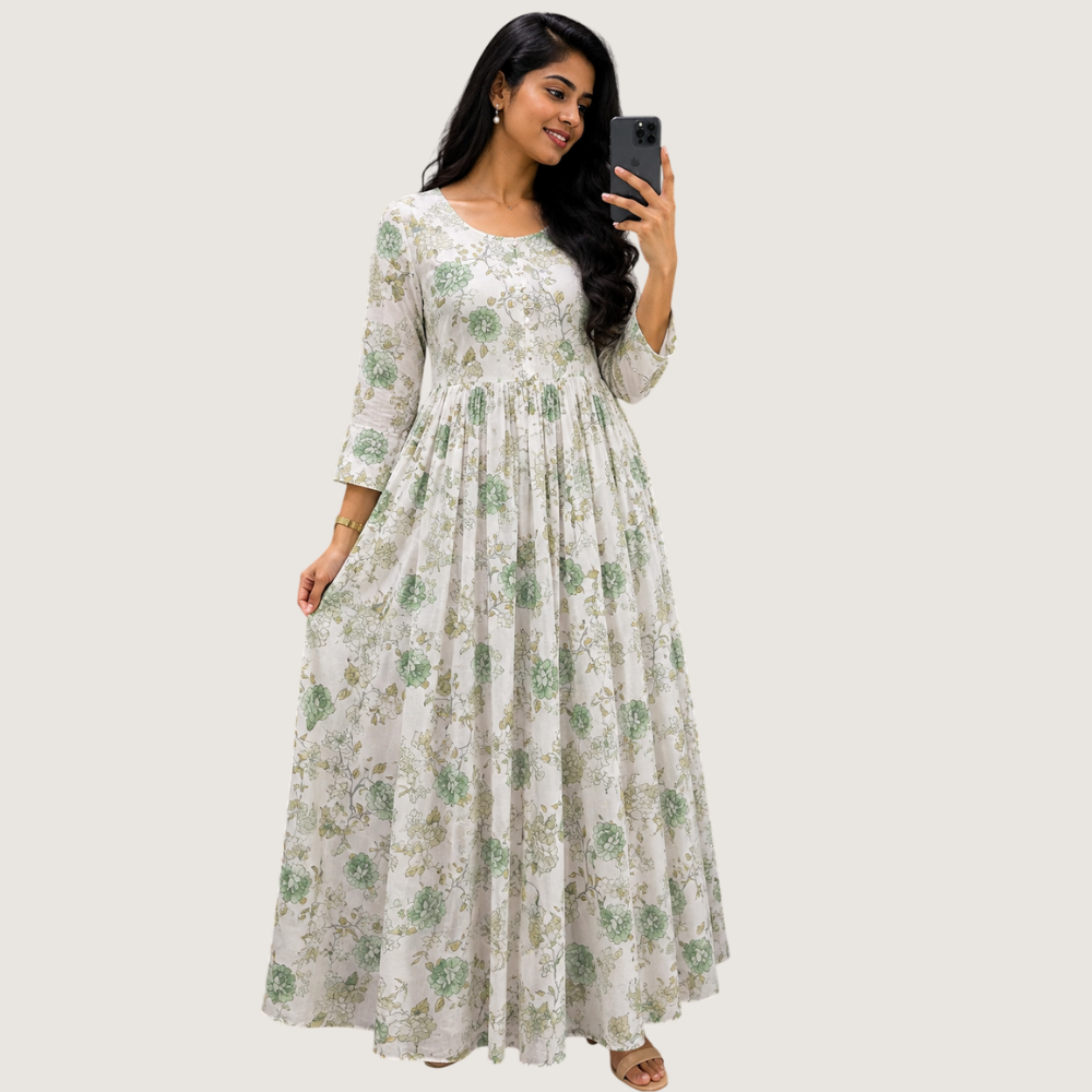 VANDAMI : Women’s Floral Printed Full-Length Anarkali Maxi Dress – Green & White