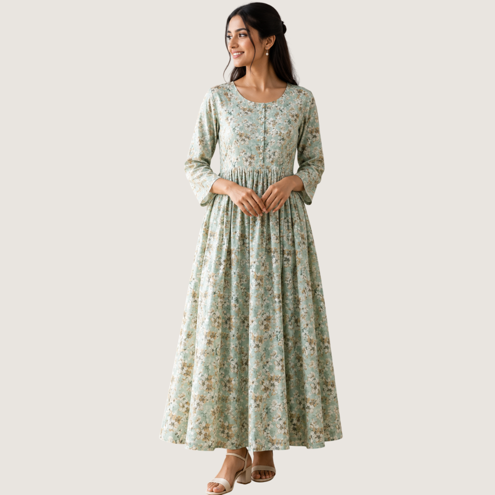 VANDAMI : Women’s Elegant Mint Green Floral Printed Flared Maxi Dress