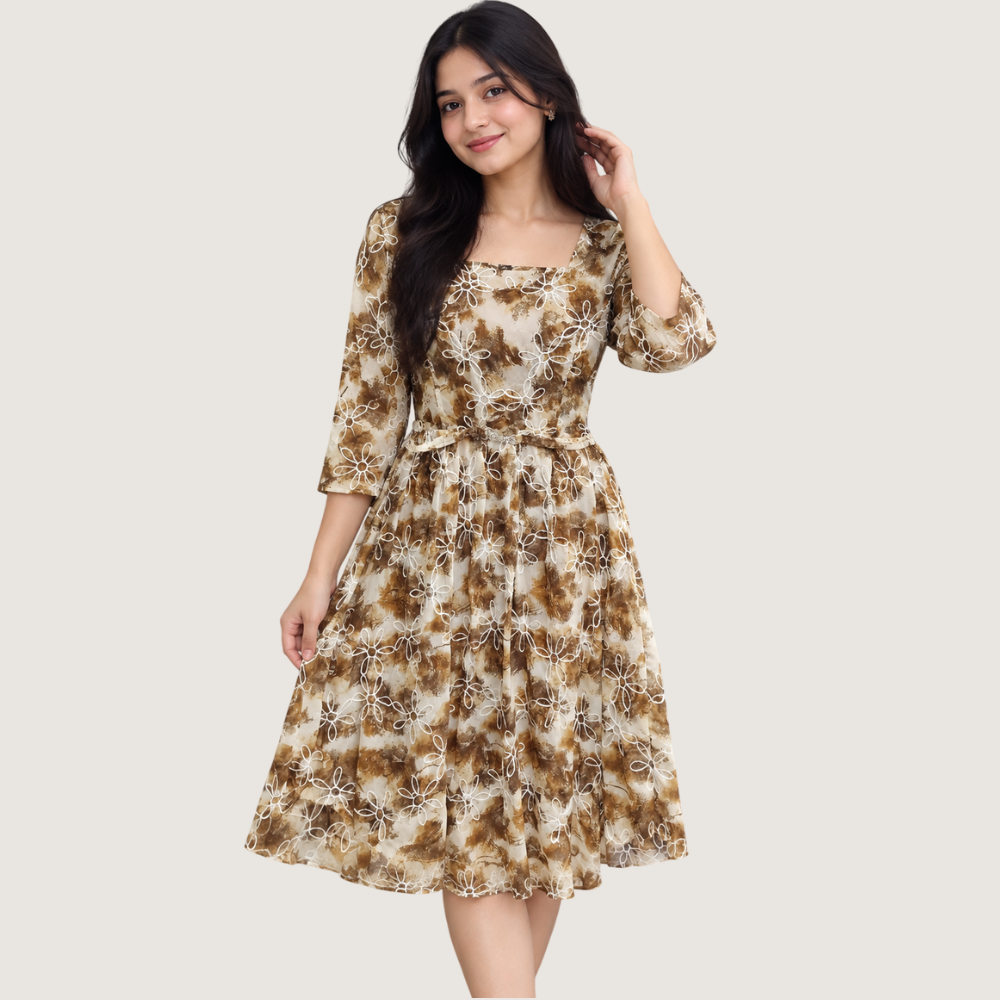 SHAGUN : Brown & White Floral Printed Women’s Fit and Flare Dreass