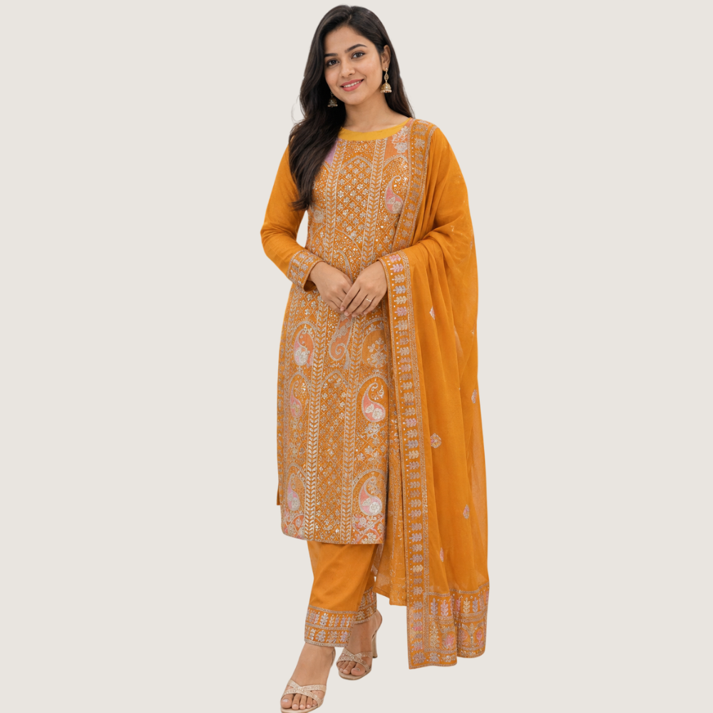 BREATHE FASHION : Women’s Mustard Yellow Embroidered Straight Kurta Pant Set with Dupatta