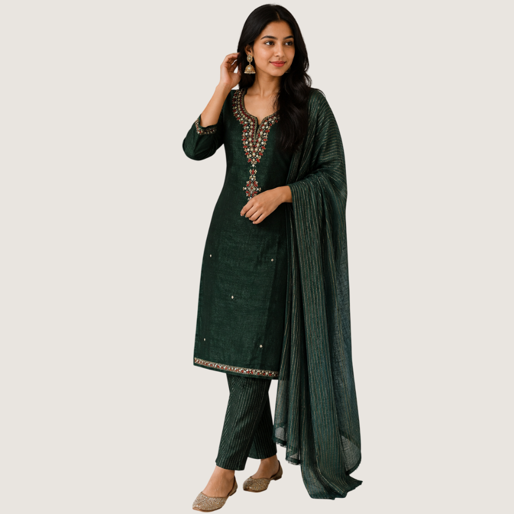 BREATHE FASHION : Elegant Bottle Green Embroidered Straight Kurta Set with Striped Dupatta & Pants