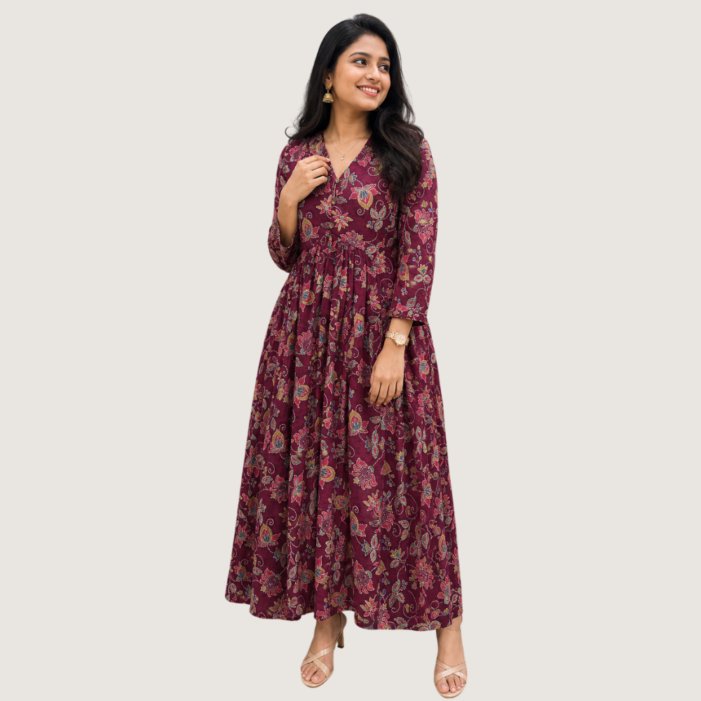 MARCIA : Women’s Floral Printed Anarkali Maxi Dress with Full Sleeves