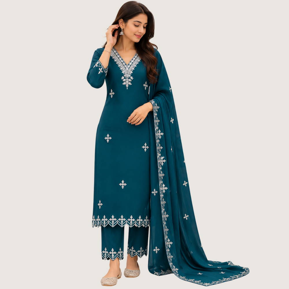 MARCIA : Teal Blue Embroidered Kurta Pant Set with Dupatta