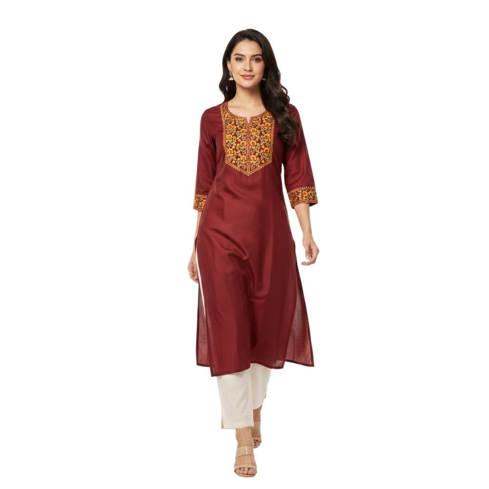 YAVONNE : Elegant Maroon Embroidered Straight Kurti with White Pants