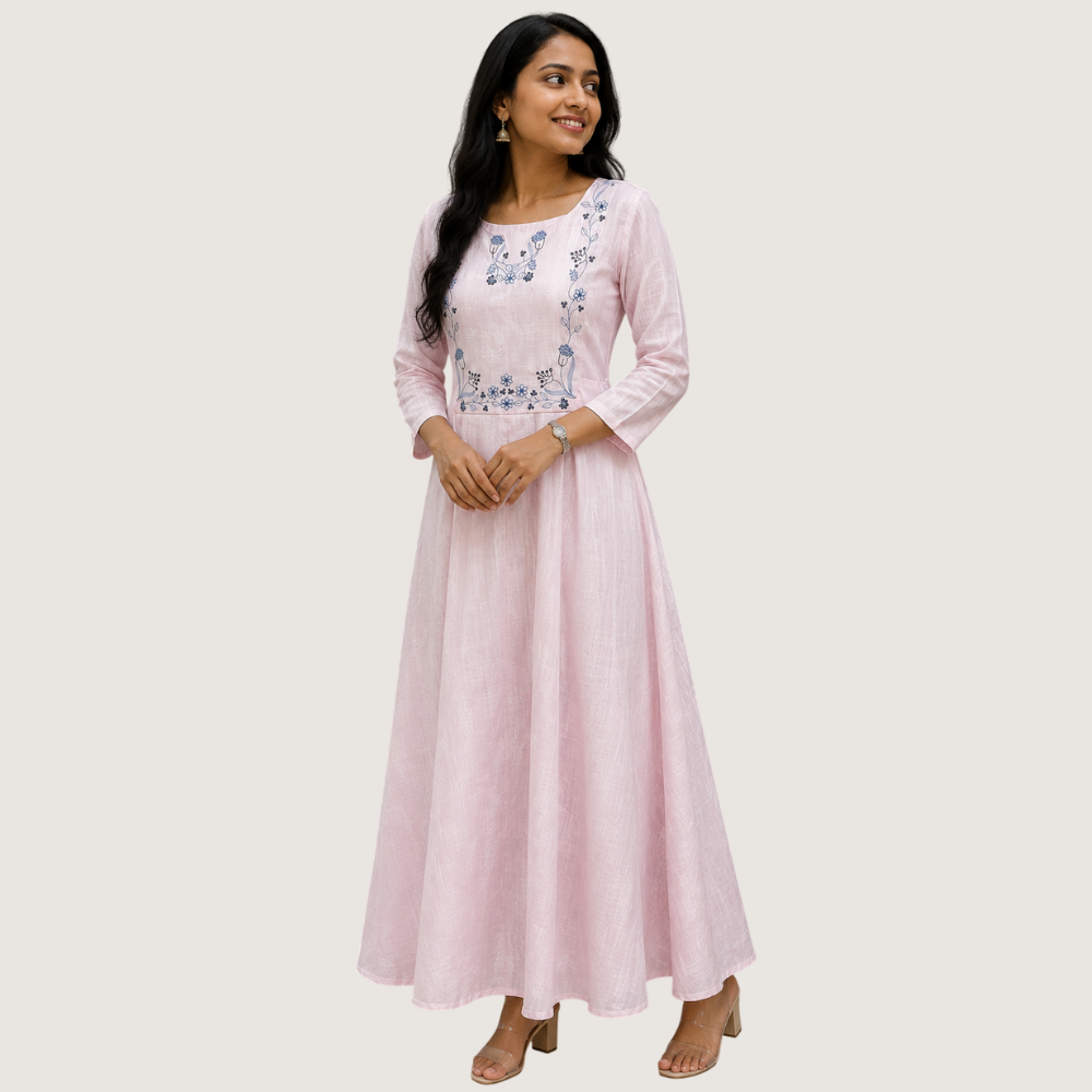 ENGLISH LADY : Women’s Embroidered Pink A-Line Maxi Dress – Full-Length Flared Dress