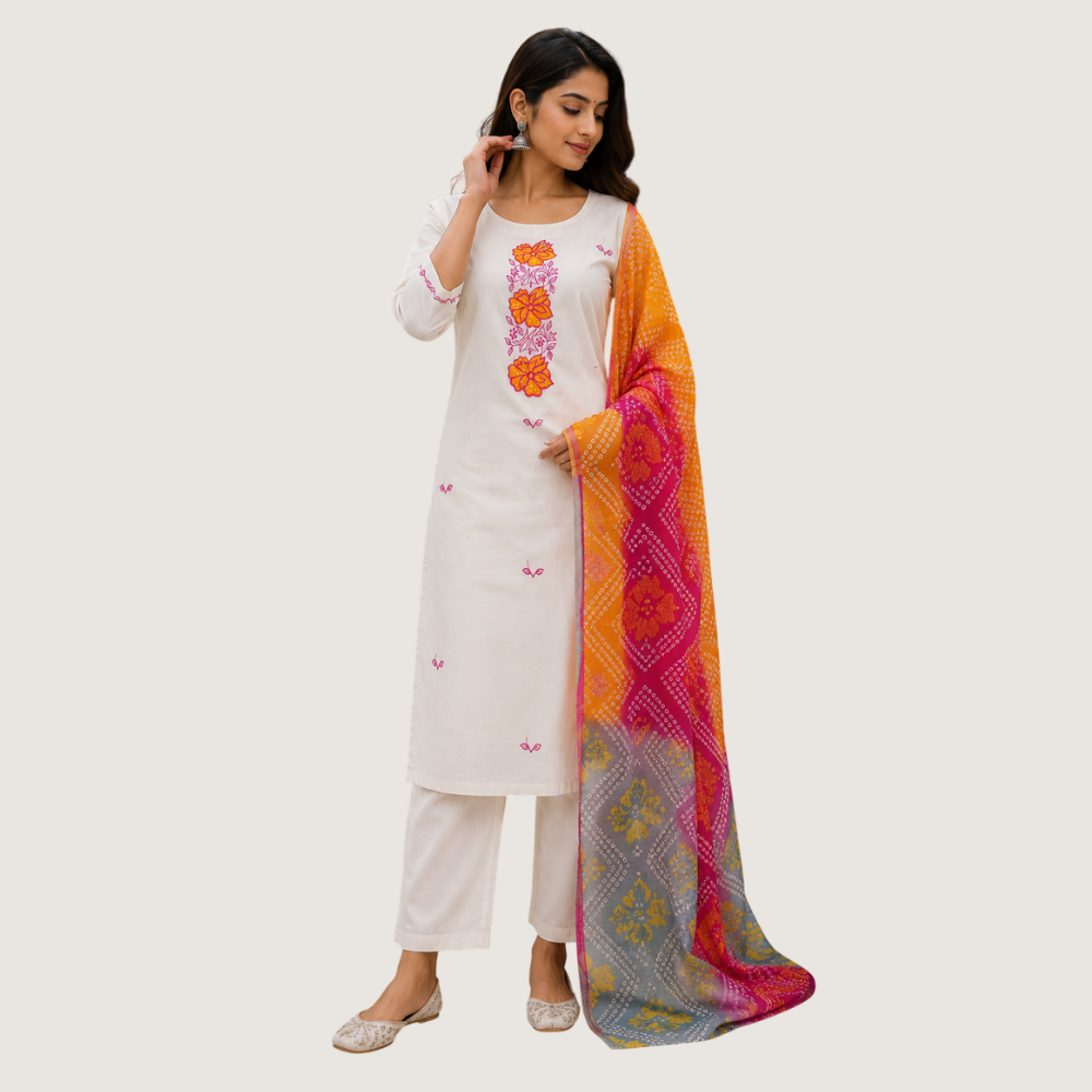 MARCIA :  Ivory White Embroidered Kurta Pant Set with Multicolour Printed Dupatta