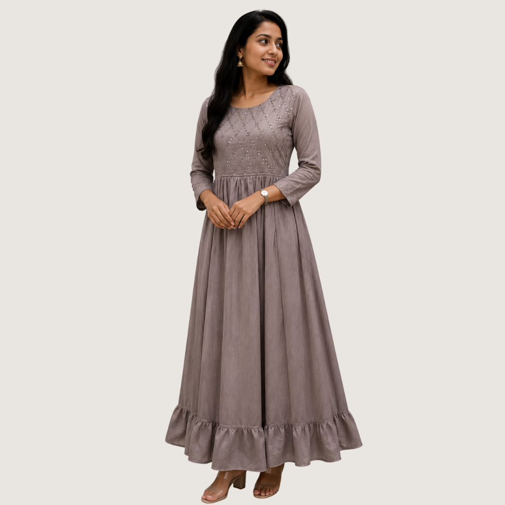 FASHION STYLE : Women’s Mauve Embellished Anarkali Maxi Dress – Flared Full-Length Dress