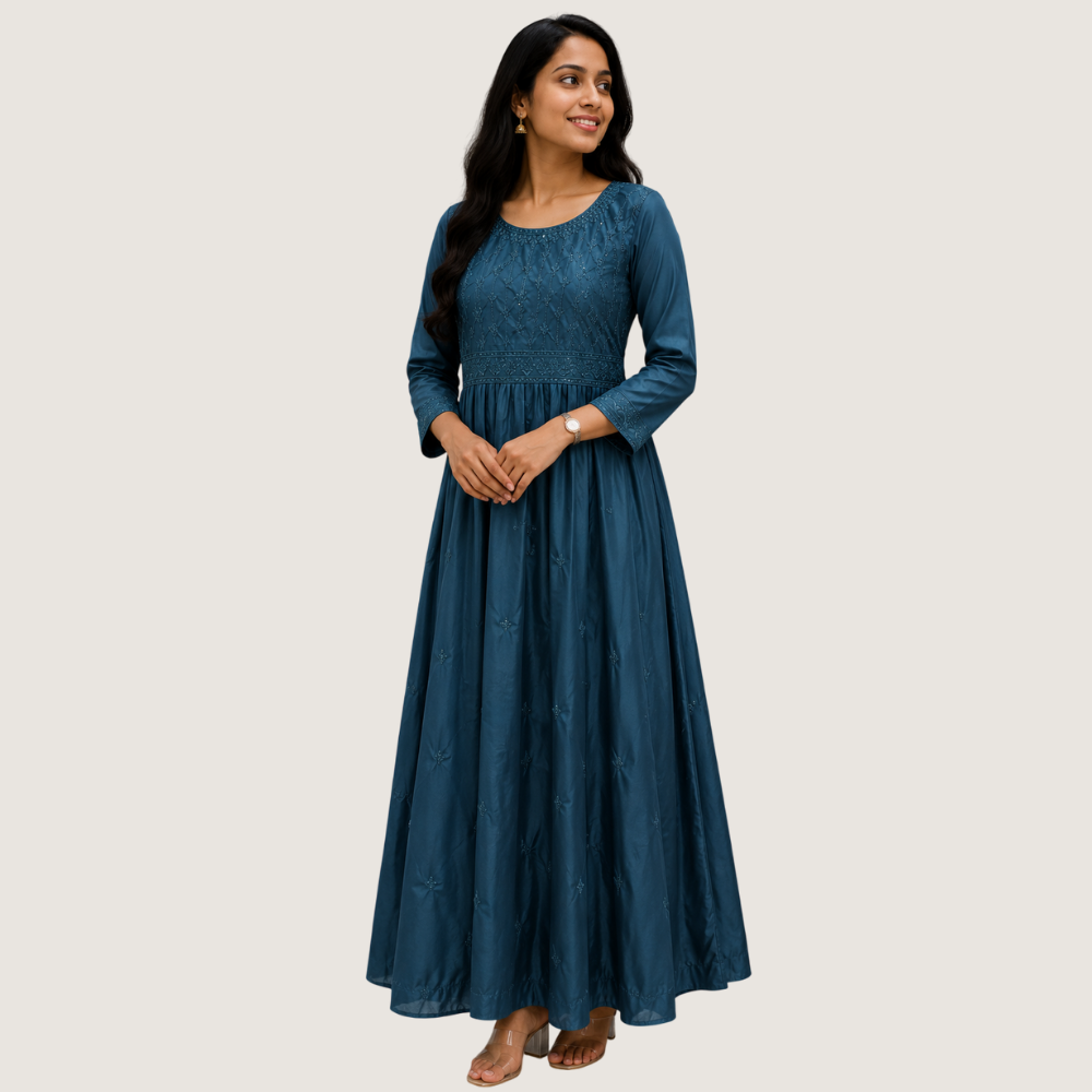 ZOLA : Women’s Teal Blue Embroidered Anarkali Maxi Dress