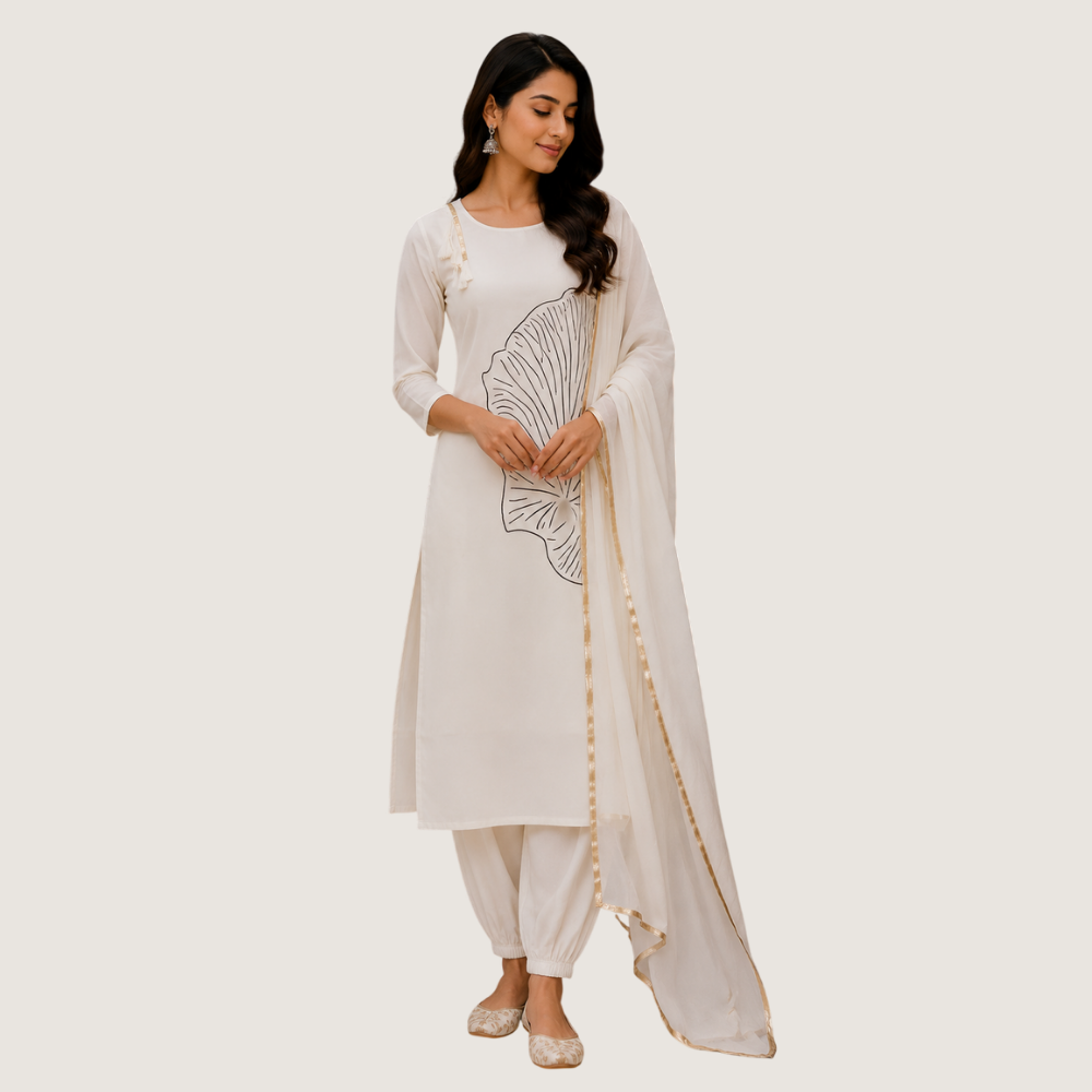 MARCIA : Elegant White Leaf Print Kurta Set with Dupatta