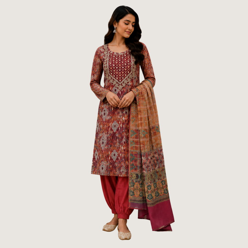 TANIKSH : Maroon Printed Embroidered Kurta Set with Printed Dupatta