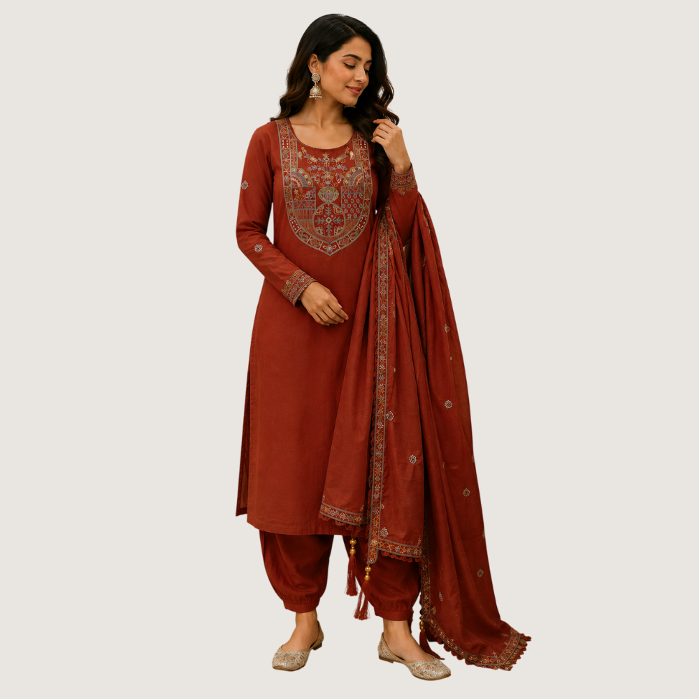 BREATHE FASHION : Rust Maroon Embroidered Kurta Set with Dupatta
