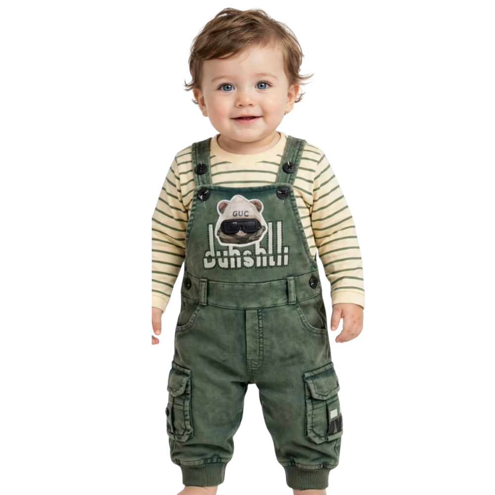 CITY BOY:Baby Boys’ Printed Denim Dungaree Set with Striped T-Shirt